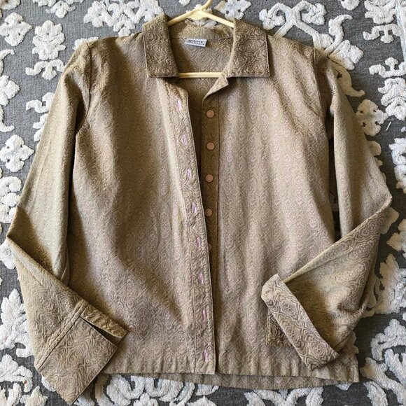 Habitat Clothes to Live in Women's Brocade Blouse/Jacket, Shacket, Olive/Pink - Picture 2 of 10